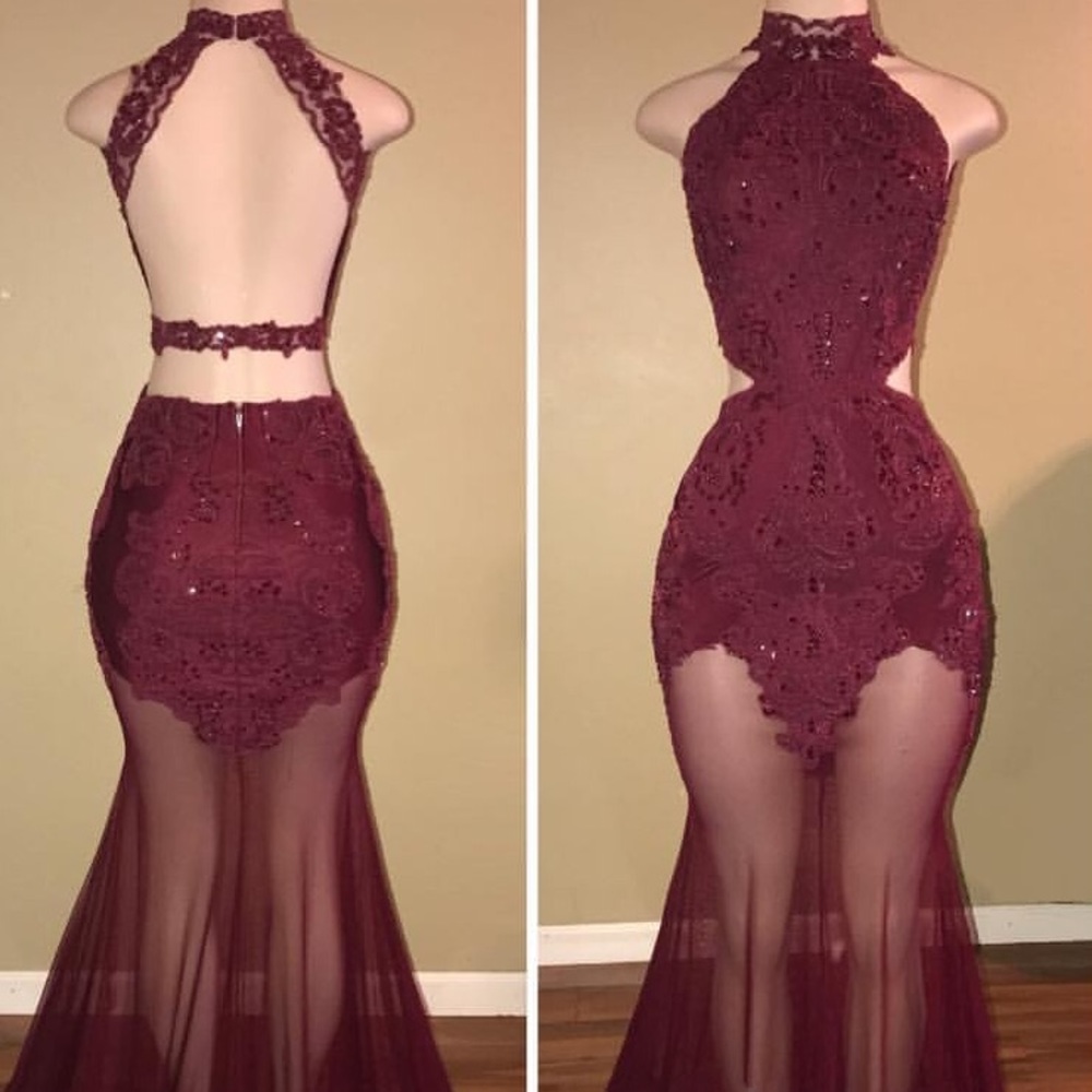 Burgundy Sheer Prom Dress